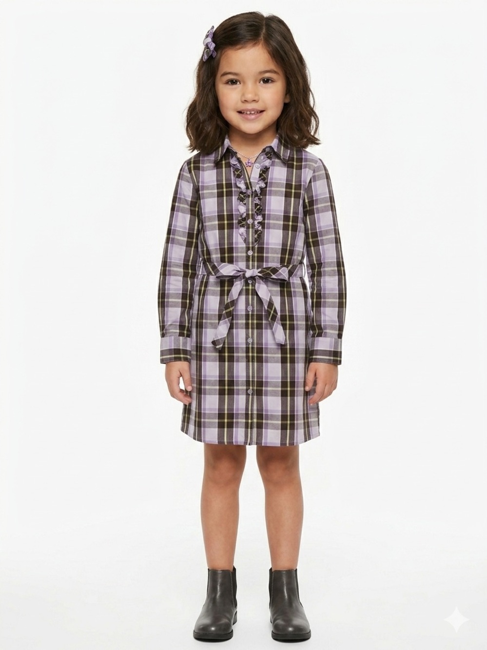 Gymboree Lavender Plaid Button-Front Shirt Dress Tie Waist Ruffle Placket Sz 6